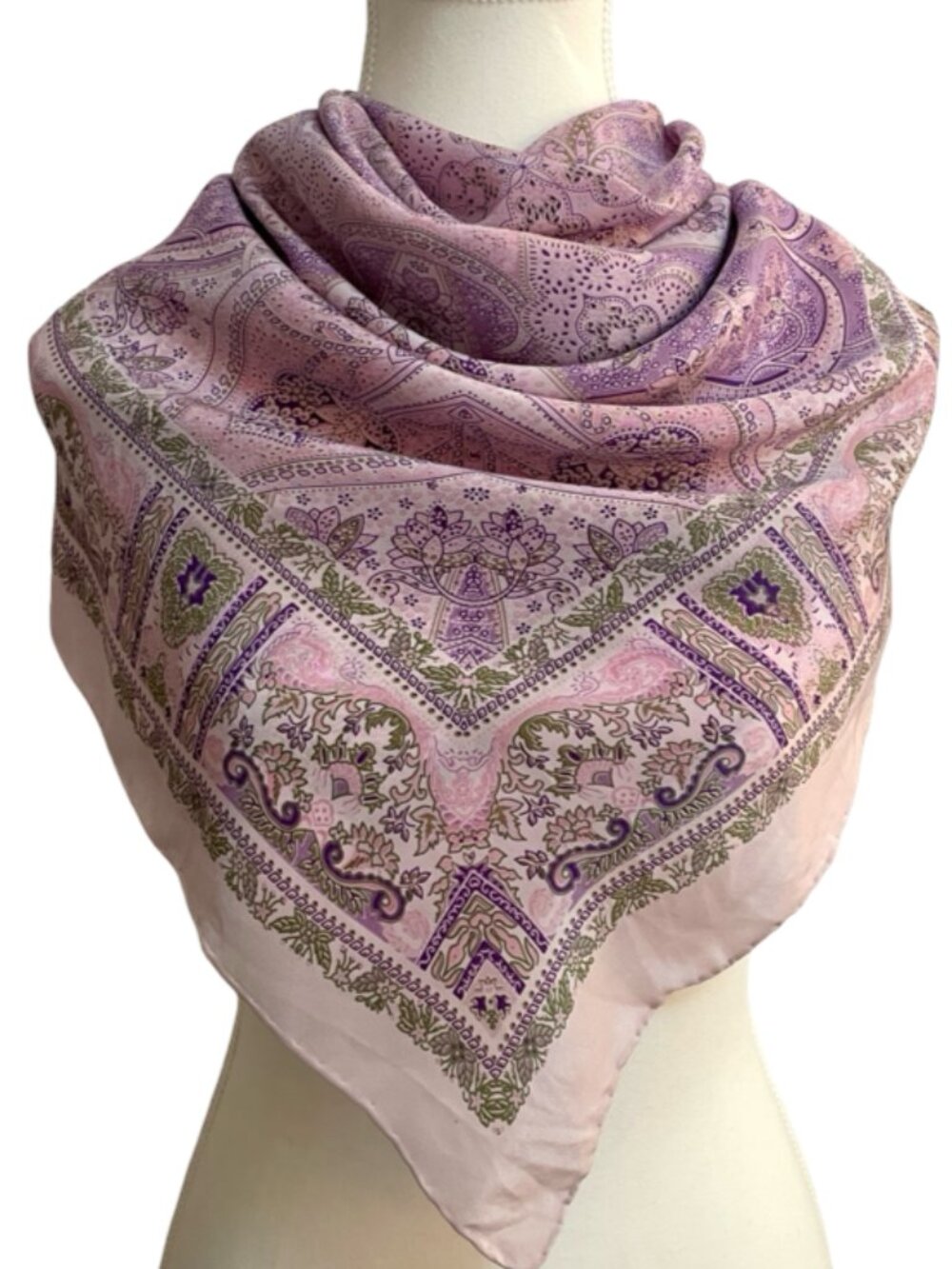 Vintage Paisley Silk Blend Look Scarf Shawl 47” x 47” Lavender Pink